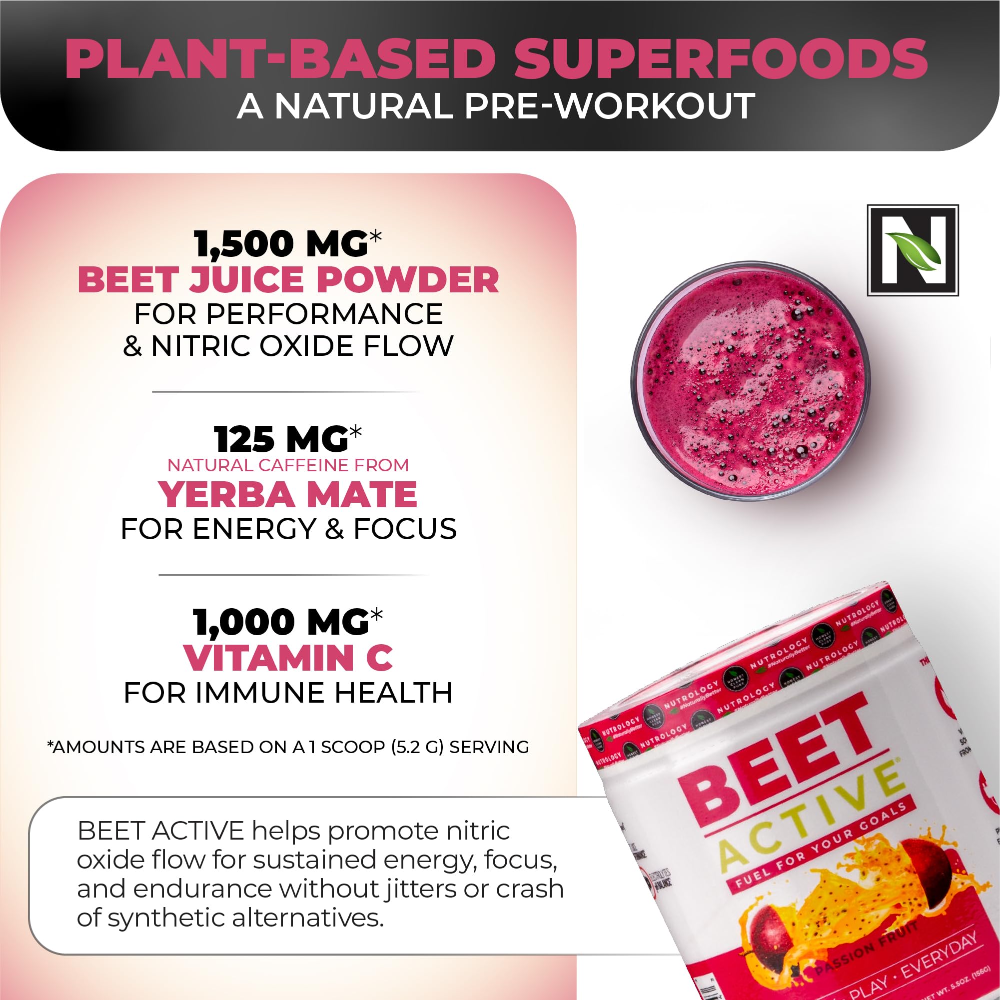 Nutrology Beet Active label highlights vegan, gluten-free formula