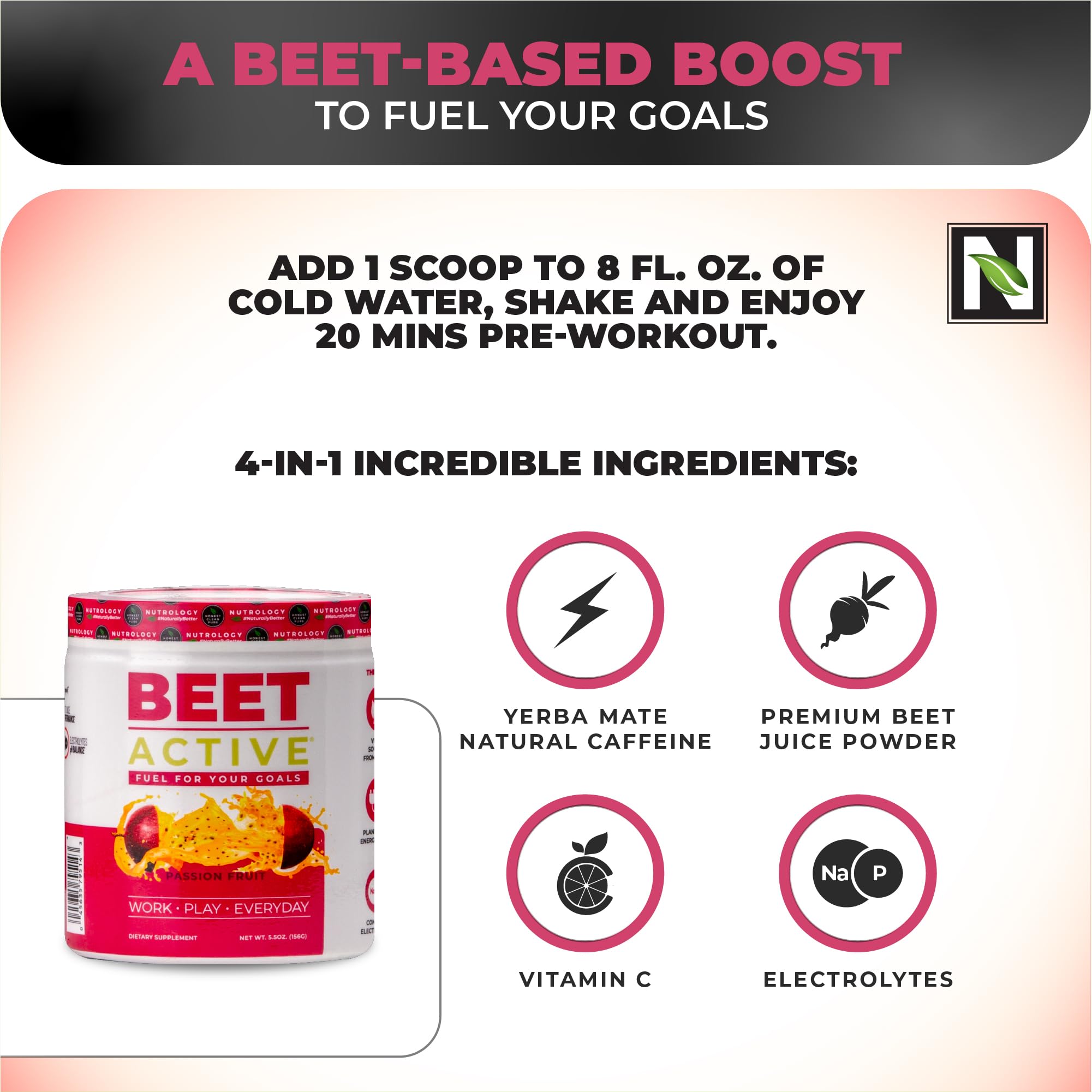 Nutrology Beet Active Passion Fruit drink served over ice for a lively workout boost