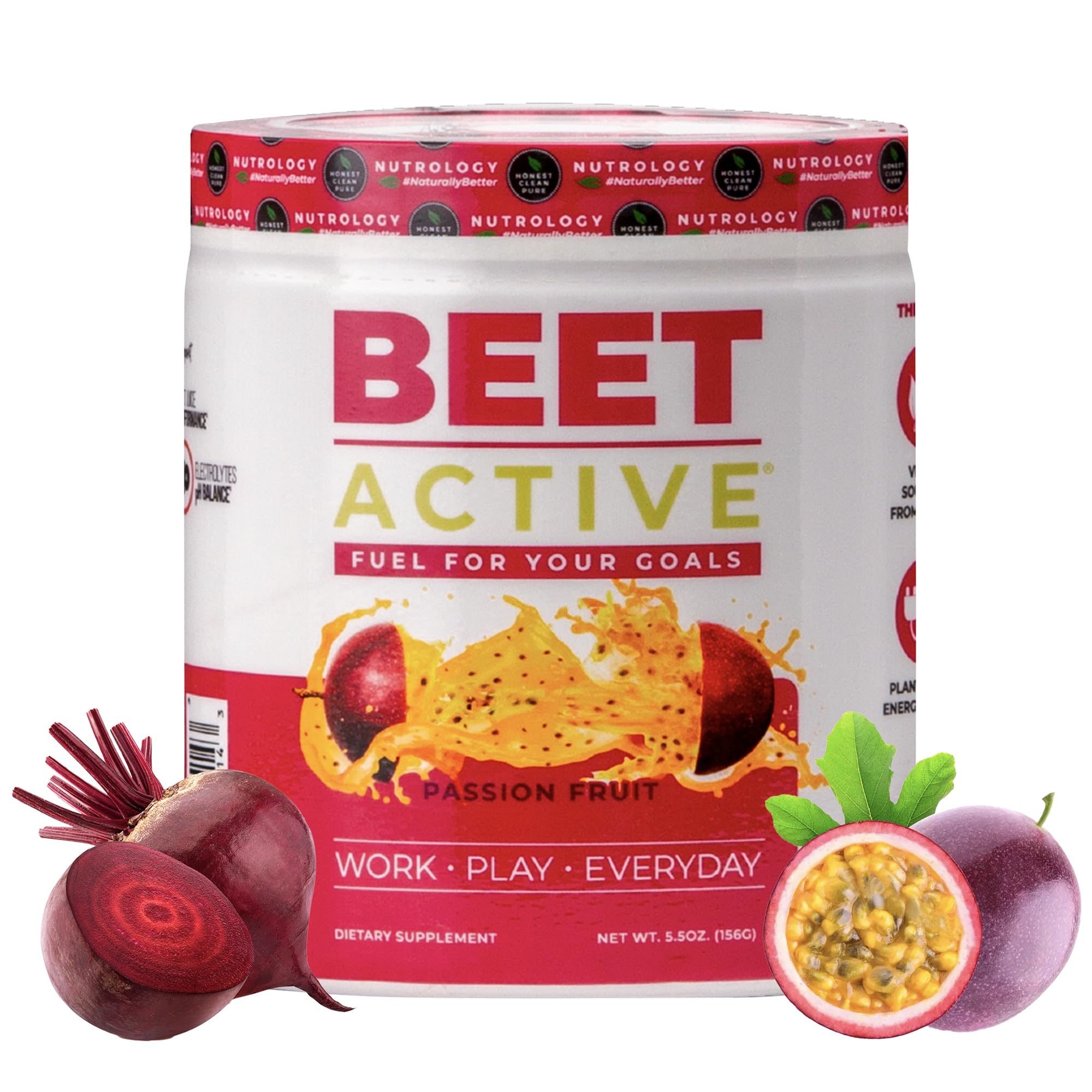 Nutrology Beet Active pre-workout powder tub front for natural energy and endurance