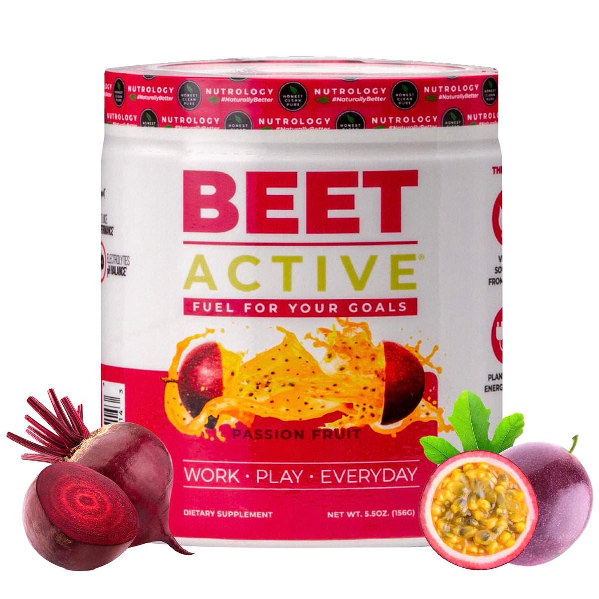 Nutrology Beet Active pre-workout powder tub front for natural energy and endurance