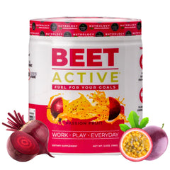 Nutrology Beet Active pre-workout powder tub front for natural energy and endurance