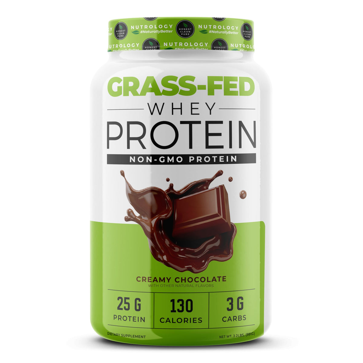 Nutrology grass-fed whey bottle with creamy chocolate flavor, ideal for post-workout shakes.
