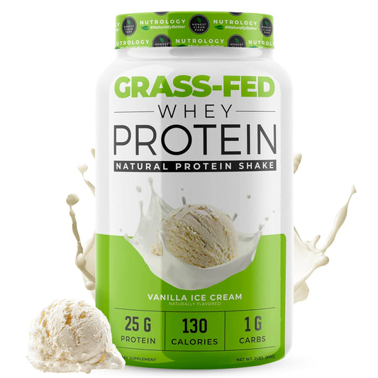 Nutrology Grass-Fed Whey Powder bottle for lean muscle recovery and clean nutrition