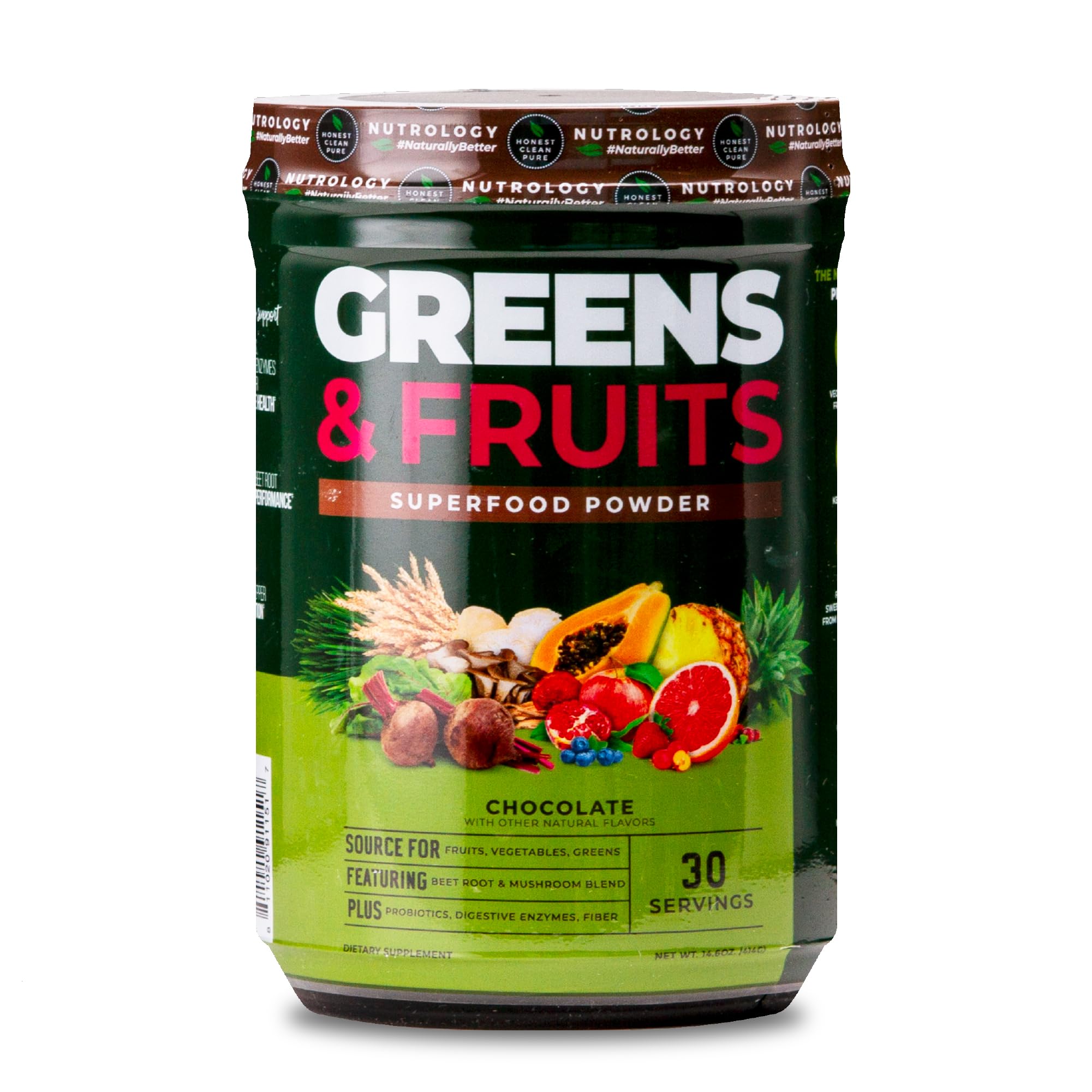 Nutrology Greens & Fruits Powder bottle on kitchen counter for everyday nutrition.