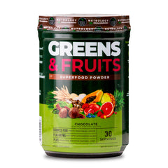 Nutrology Greens & Fruits Powder bottle on kitchen counter for everyday nutrition.