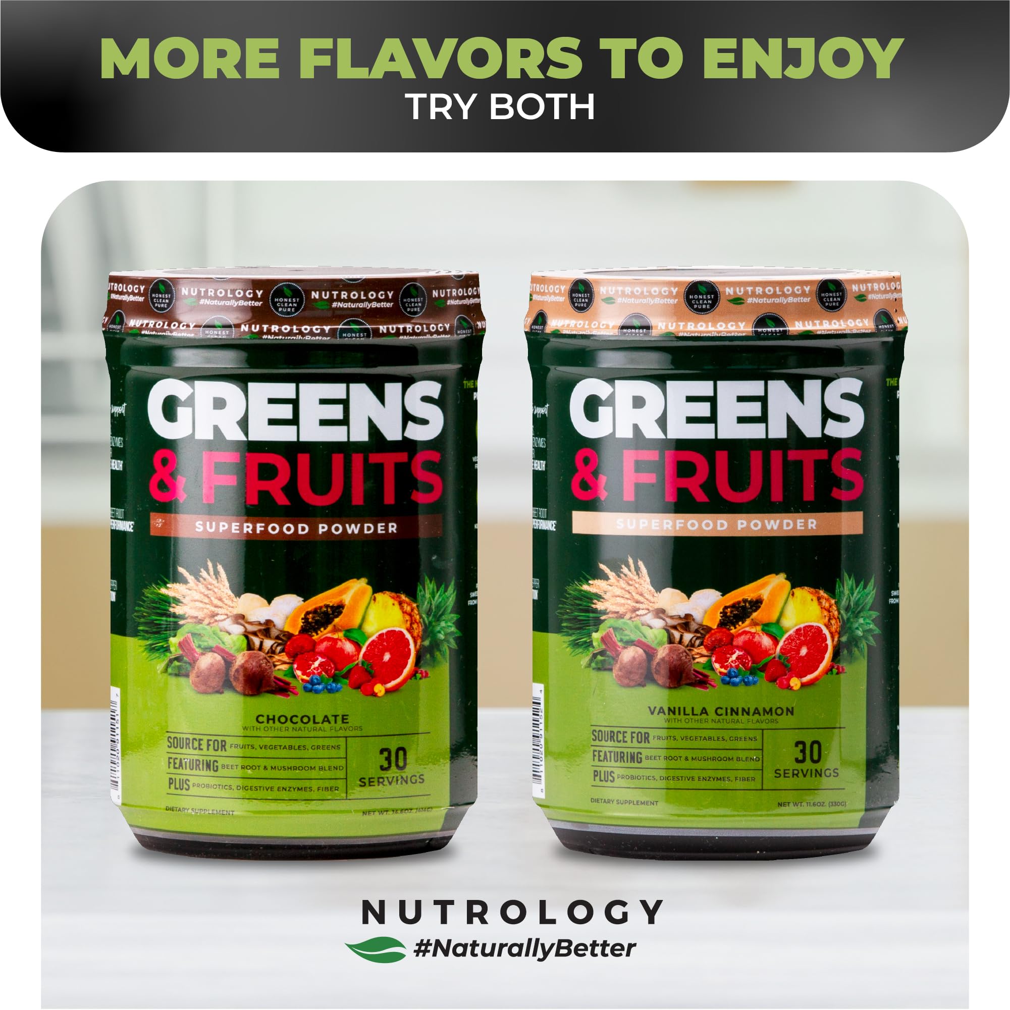 Nutrology Greens & Fruits Powder close-up reveals fine chocolate powder texture.