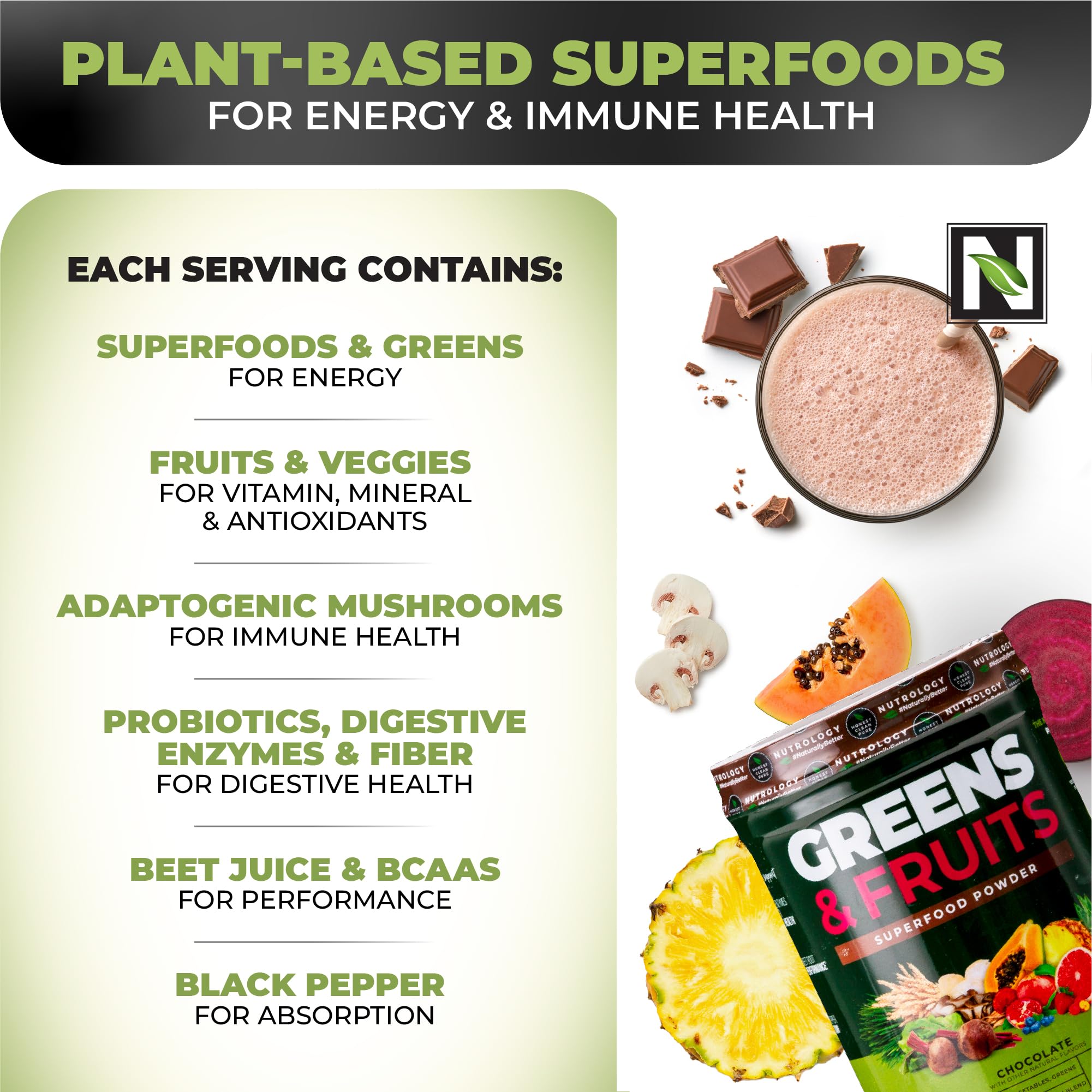Nutrology Greens & Fruits Powder glass for a ready-to-drink healthy shake.