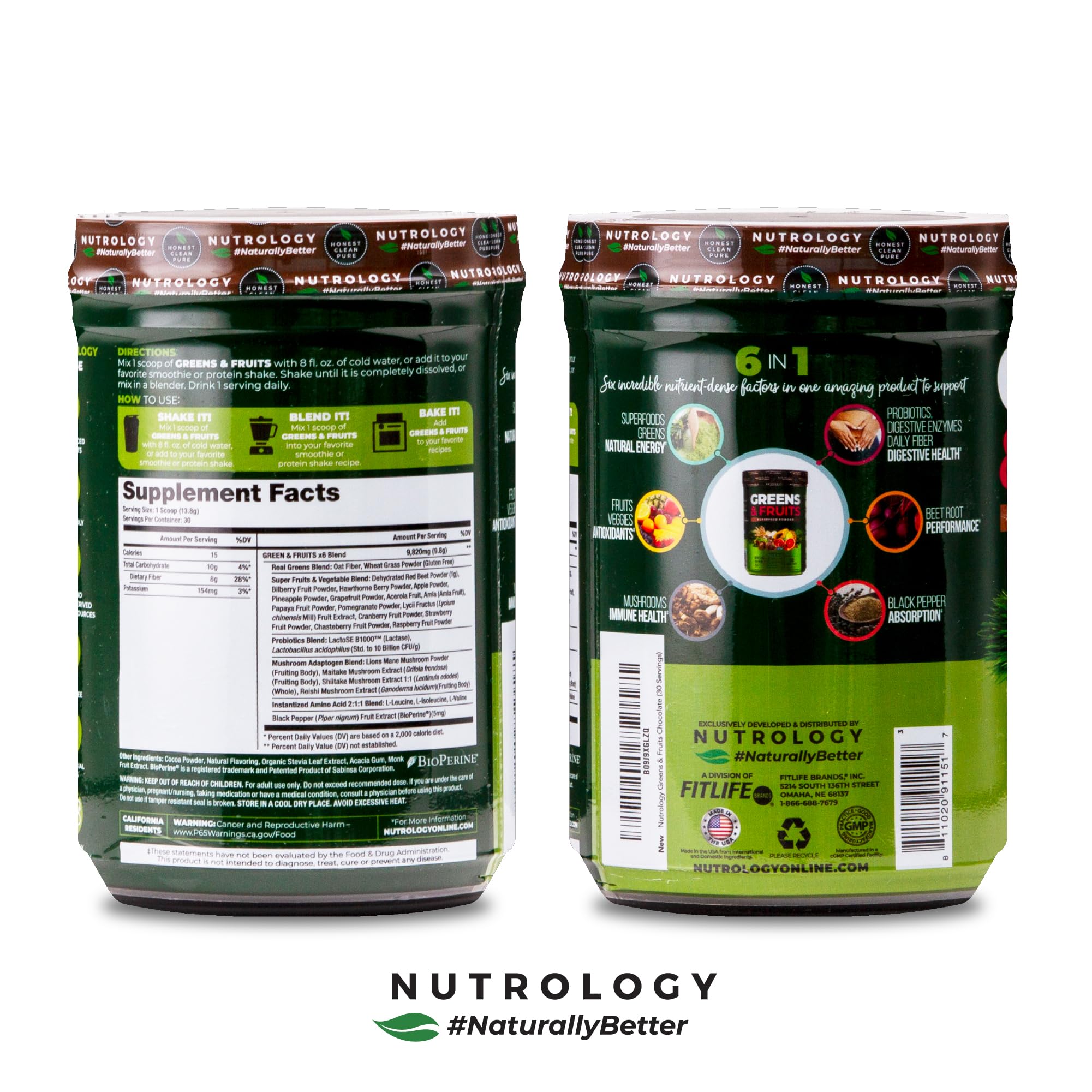 Nutrology Greens & Fruits Powder in shake shows smooth chocolate blend.