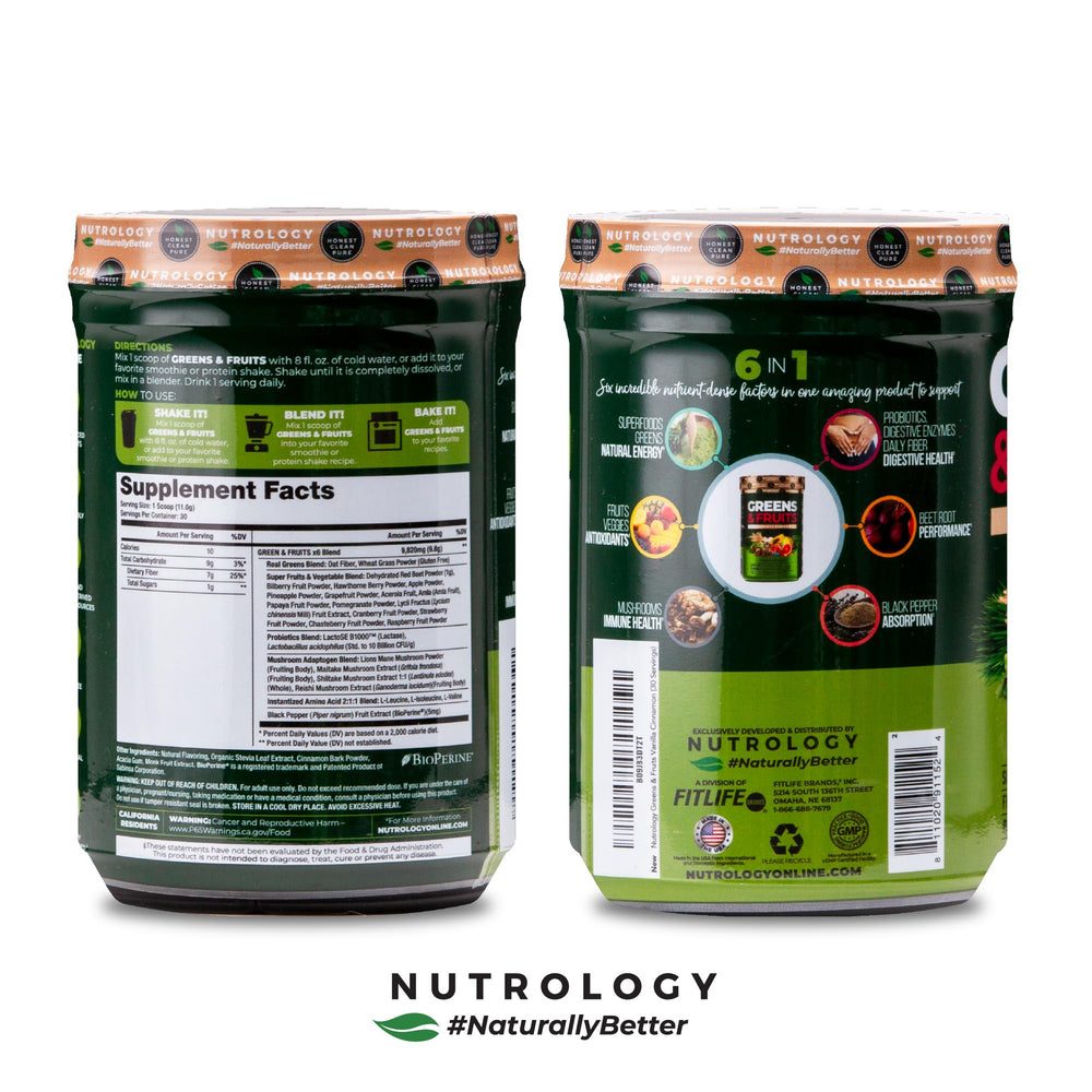 Nutrology Greens and Fruits Powder poured into a glass for a post-workout shake.