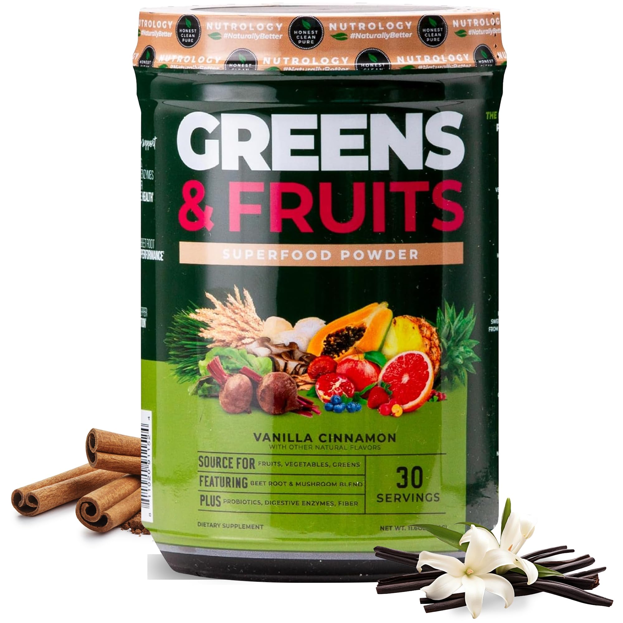Nutrology Greens and Fruits Powder bottle with vanilla cinnamon flavor for daily nourishment.