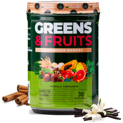 Nutrology Greens and Fruits Powder bottle with vanilla cinnamon flavor for daily nourishment.