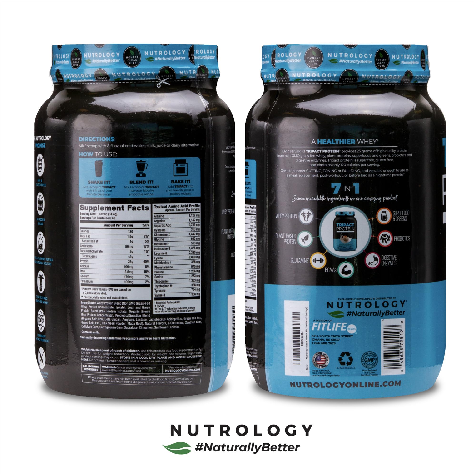 Nutrology Tripact clean formula label noting no soy or gluten.