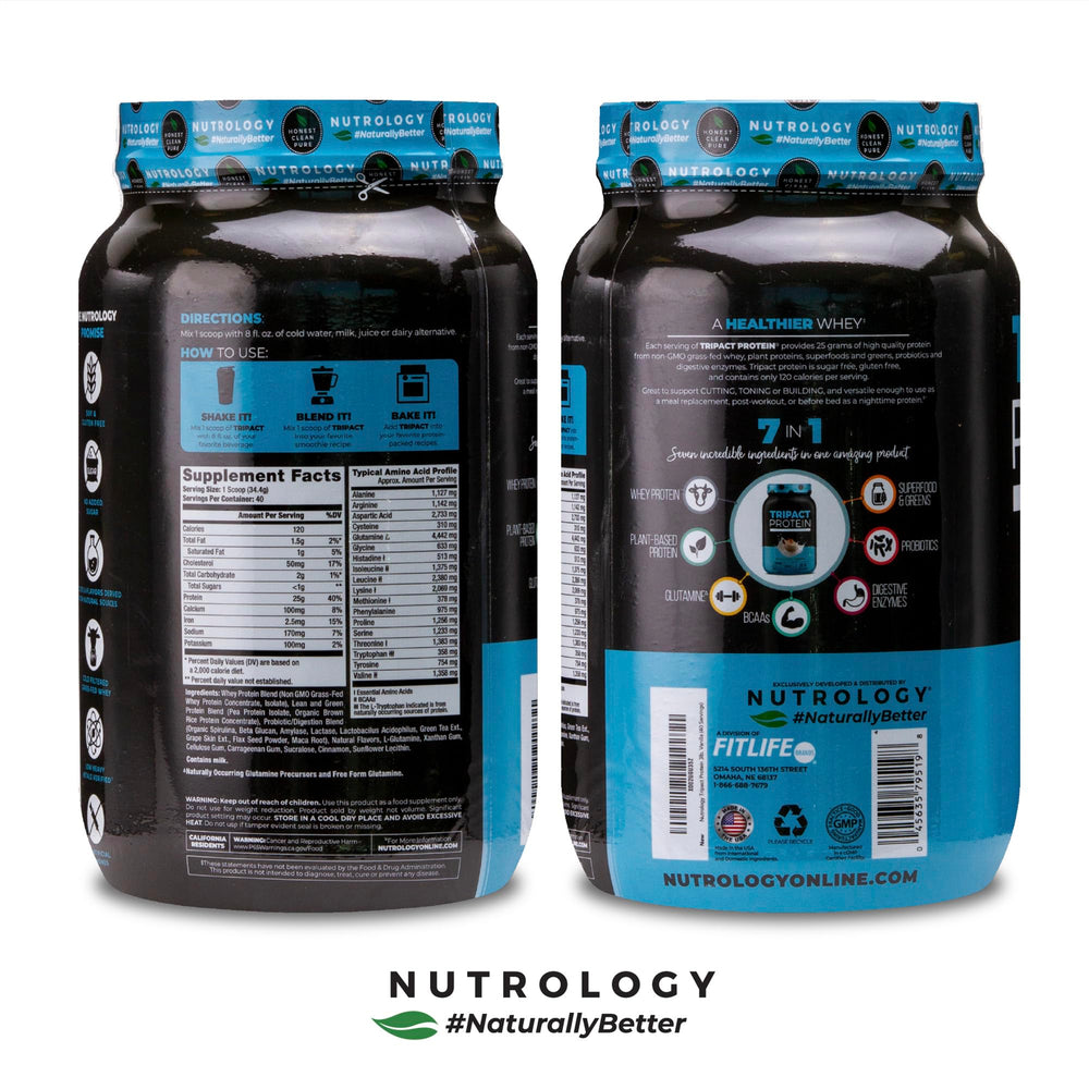 Nutrology Tripact clean formula label noting no soy or gluten.
