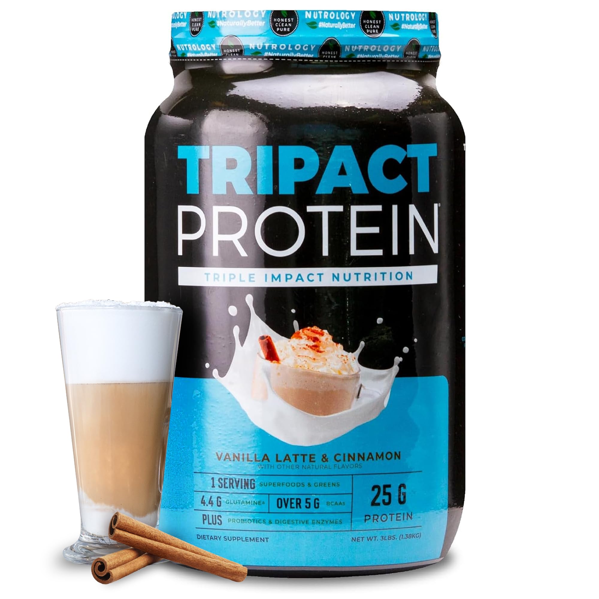 Nutrology Tripact protein powder tub front view for daily muscle recovery.
