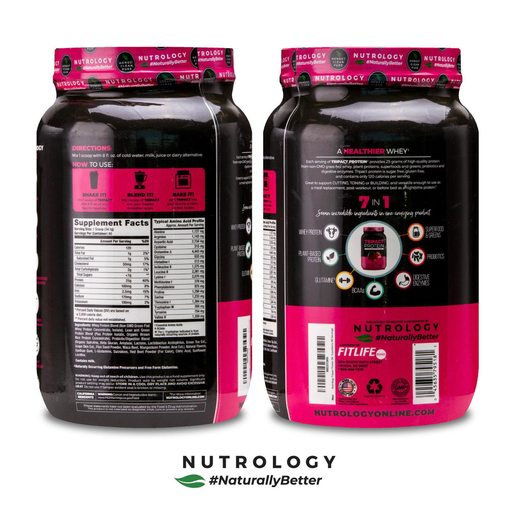 Nutrology TRIPACT natural flavor packaging emphasizes clean ingredients
