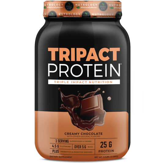 Nutrology Tripact protein powder container supports muscle recovery.