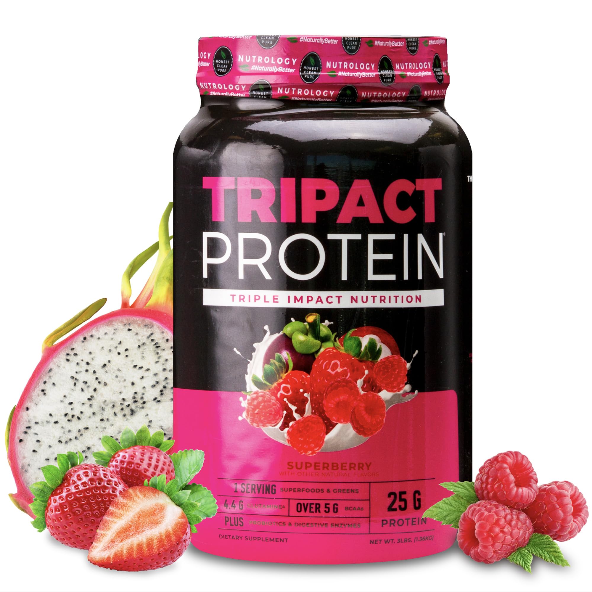 Nutrology TRIPACT protein powder tub front view highlighting muscle support
