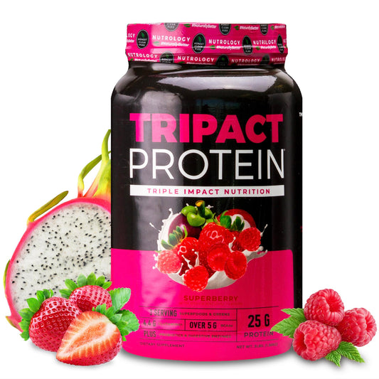 Nutrology TRIPACT protein powder tub front view highlighting muscle support
