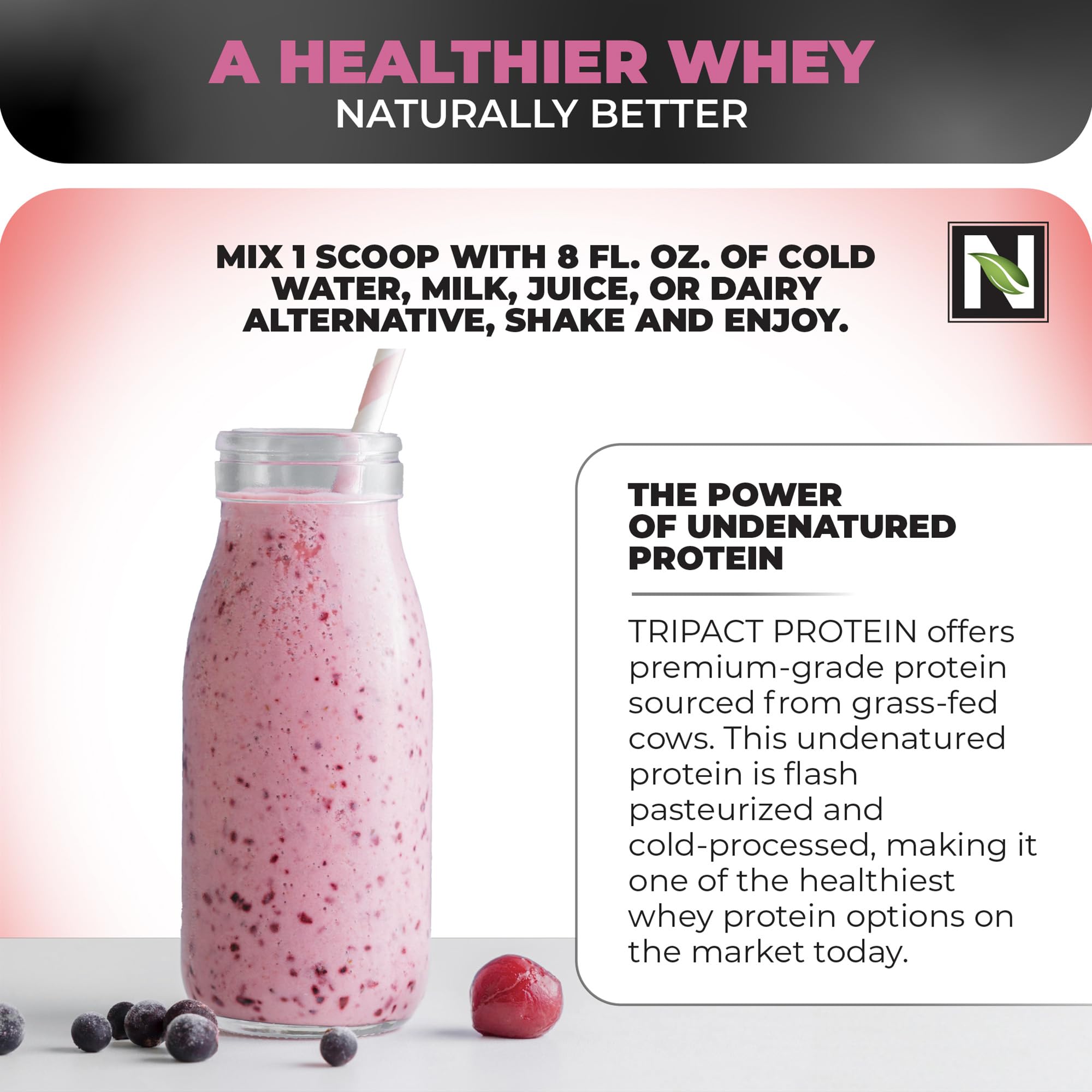 Nutrology TRIPACT Superberry shake in glass with inviting aroma
