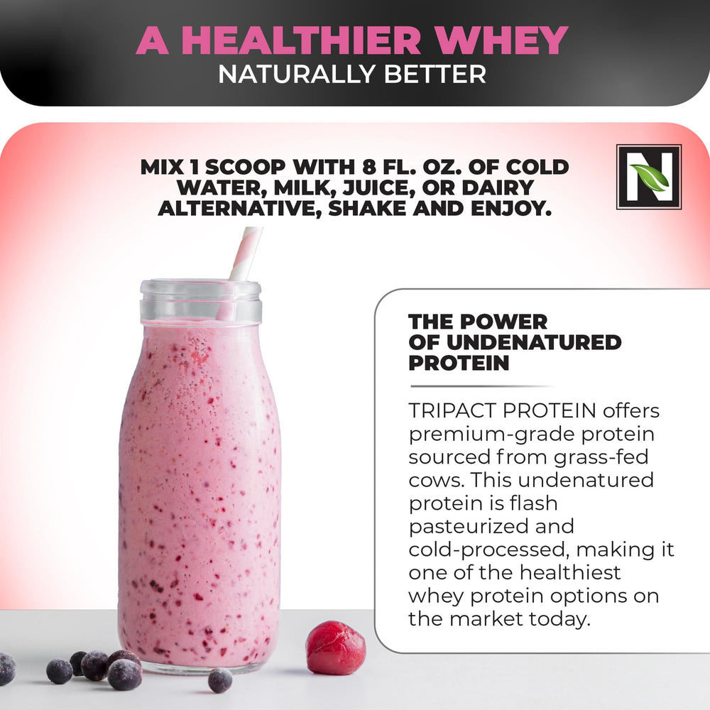 Nutrology TRIPACT Superberry shake in glass with inviting aroma
