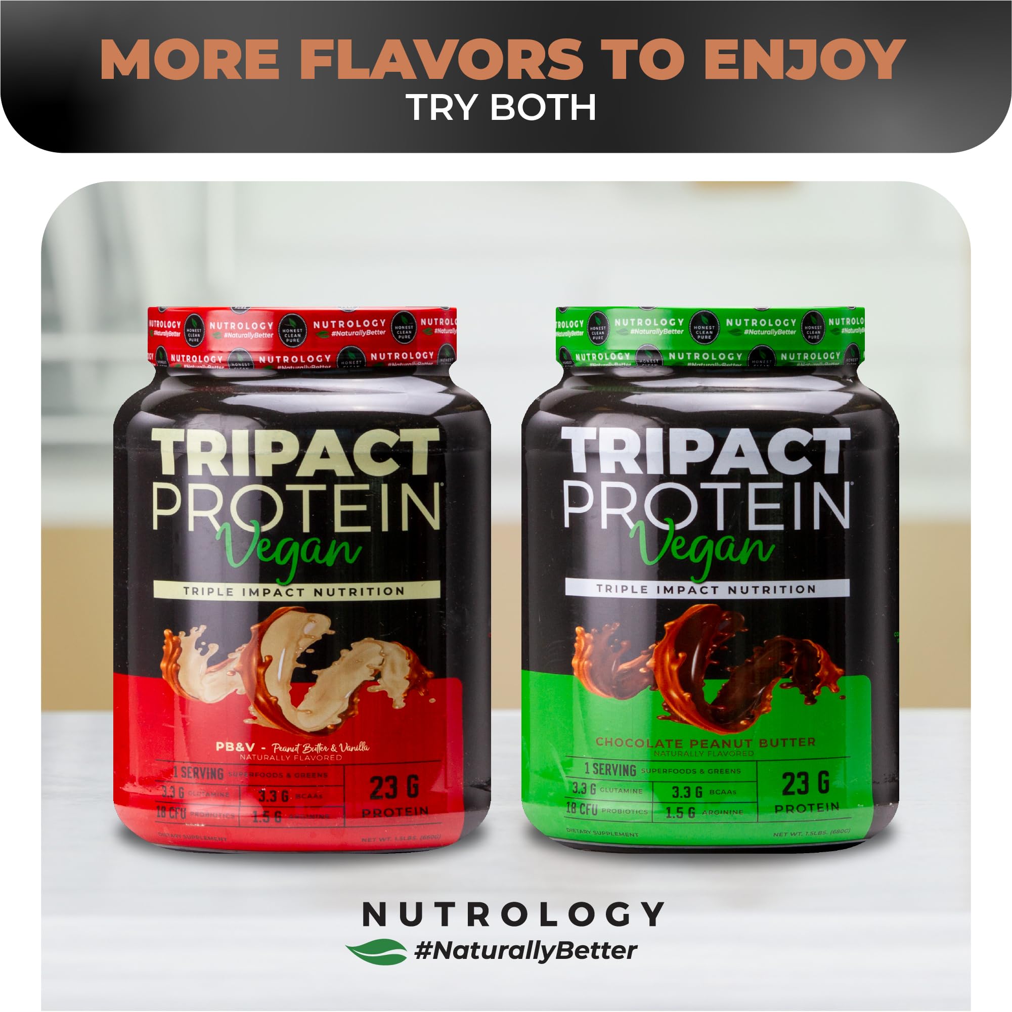 Nutrology Tripact vegan protein closeup highlights rich chocolate peanut butter flavor.