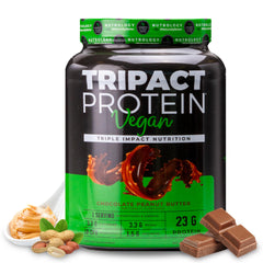 Nutrology Tripact vegan protein powder tub in chocolate peanut butter flavor boosts post-workout recovery.