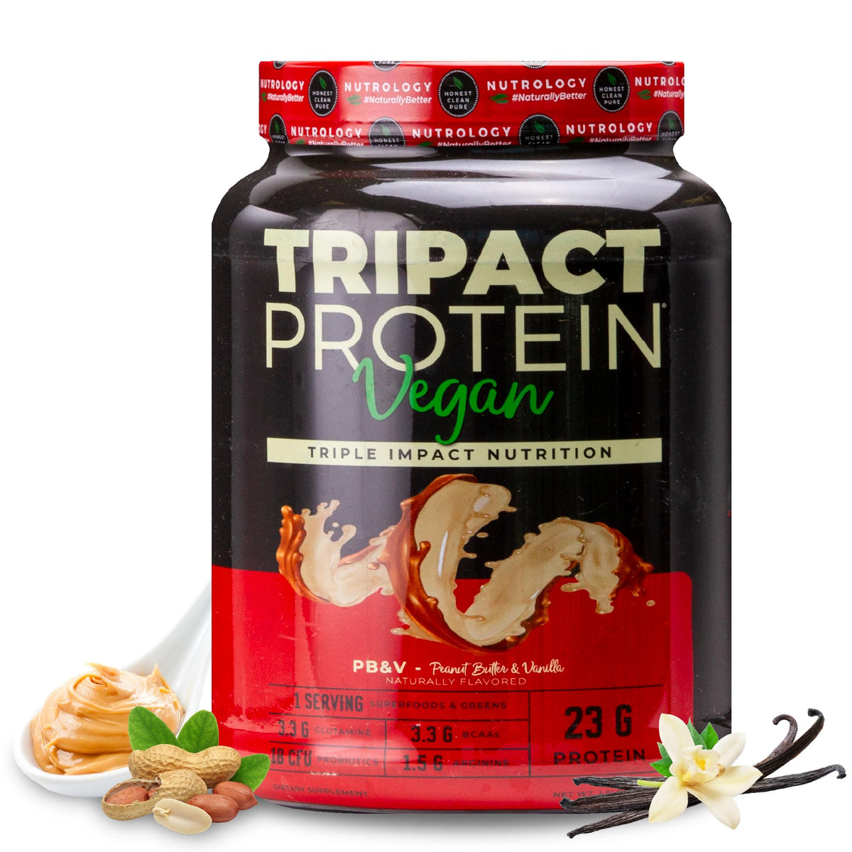 Nutrology Tripact protein powder jar front with peanut butter vanilla flavor, ready for meal replacement
