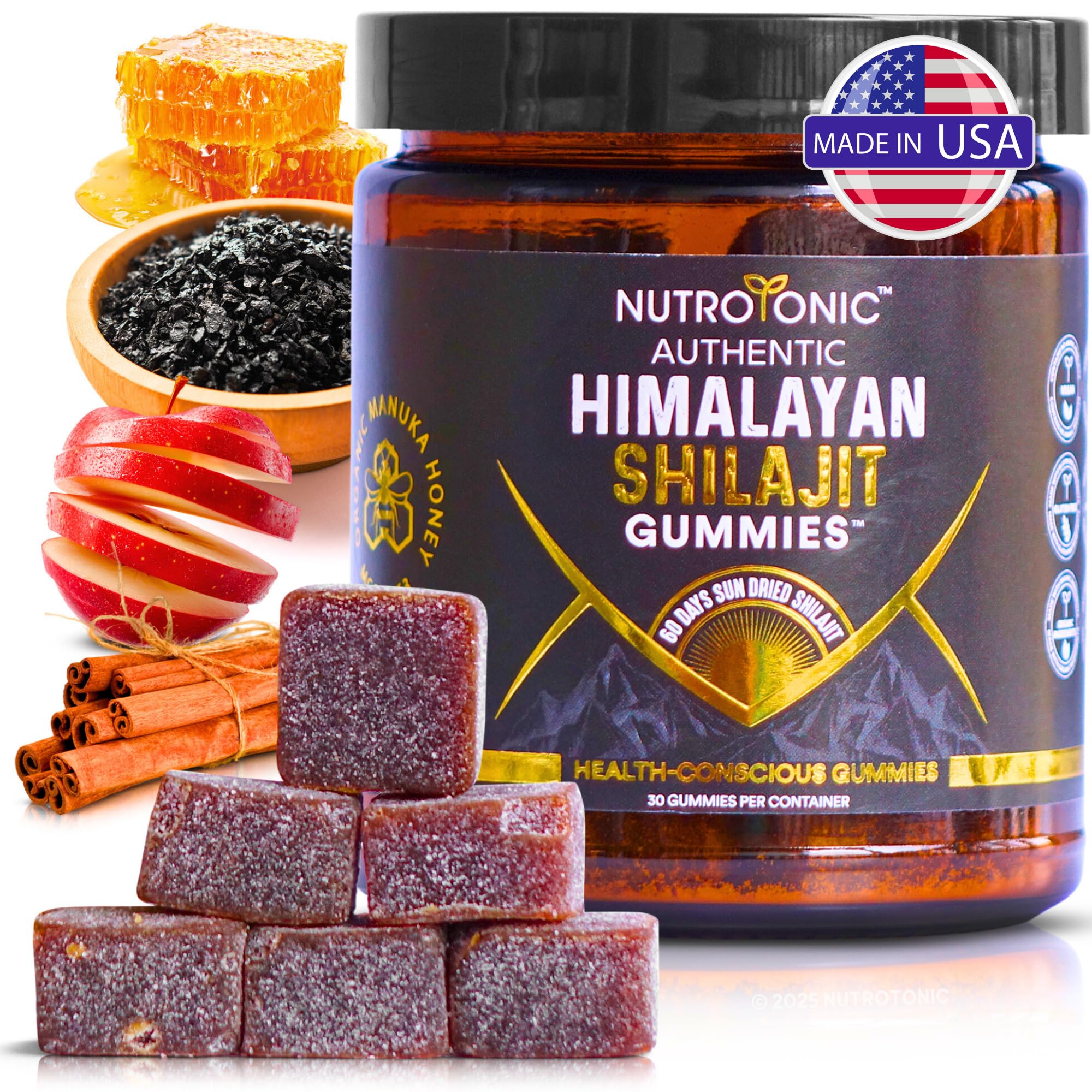NutroTonic Shilajit Gummies bottle with apple cinnamon flavor for natural energy support