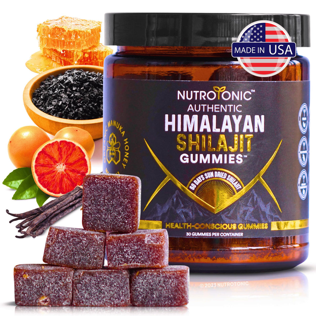 NutroTonic Organic Shilajit Gummies jar for daily wellness support.