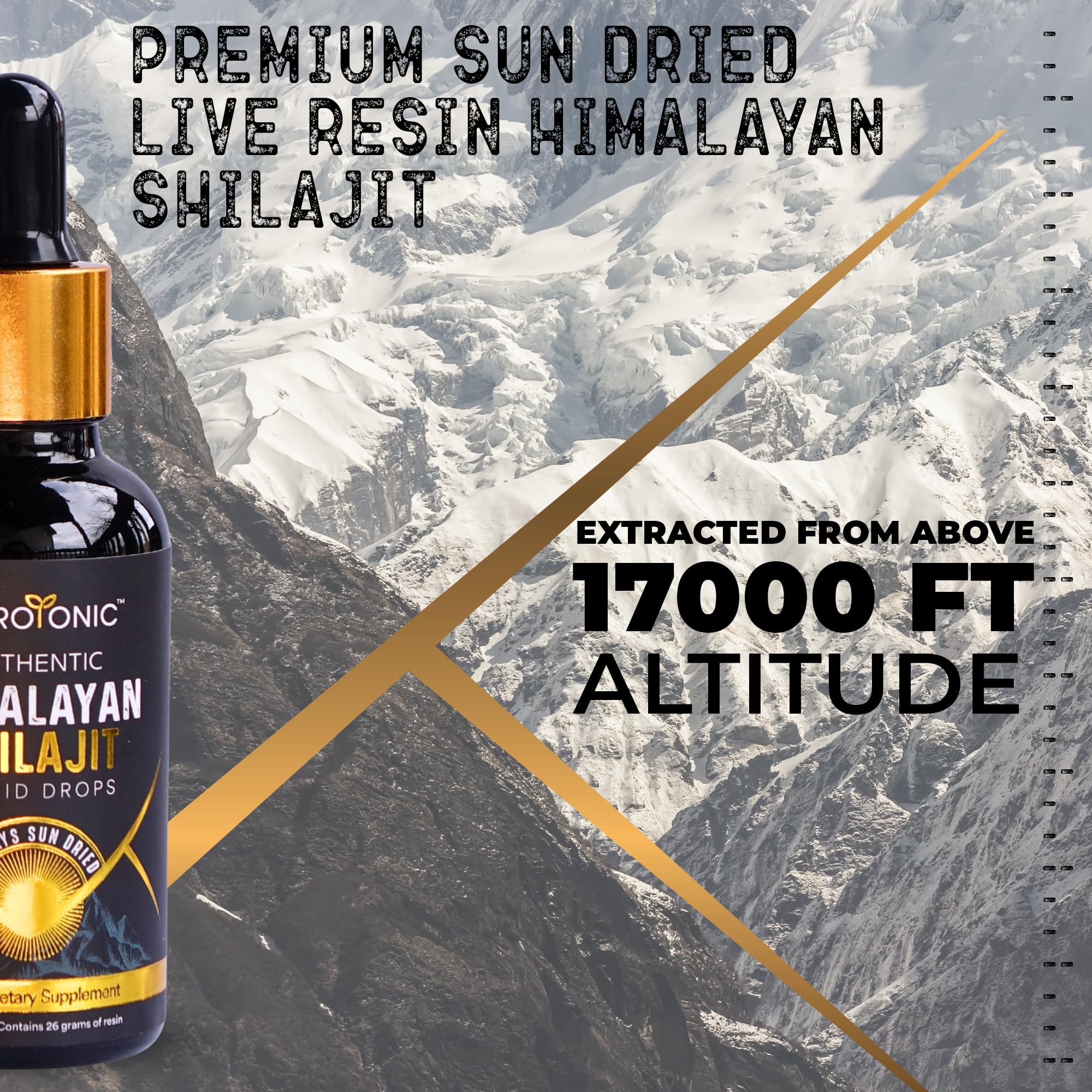 NutroTonic Shilajit Drops shown as natural sun-dried product from high altitude
