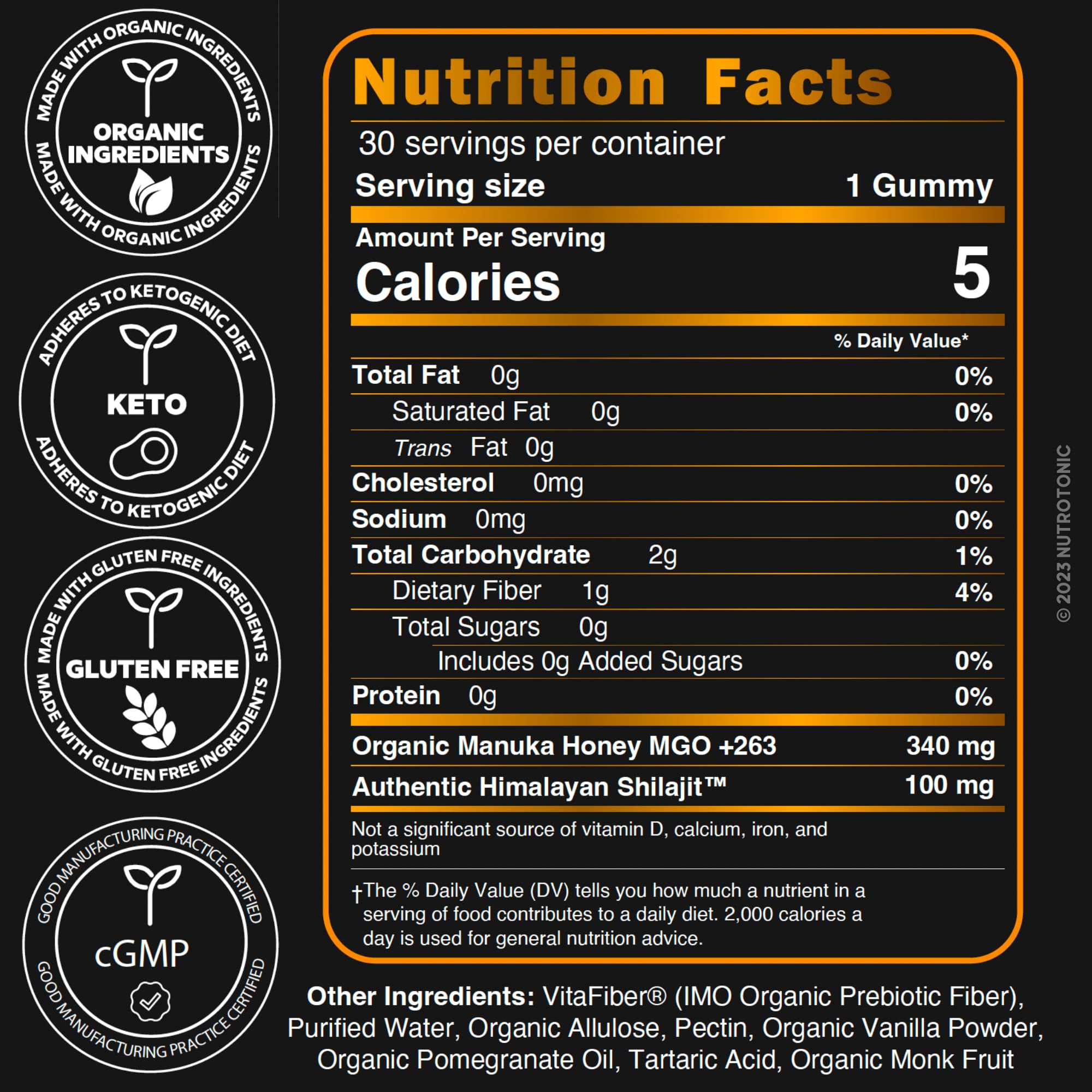 NutroTonic Shilajit Gummies close-up showing vanilla-pomegranate flavor.