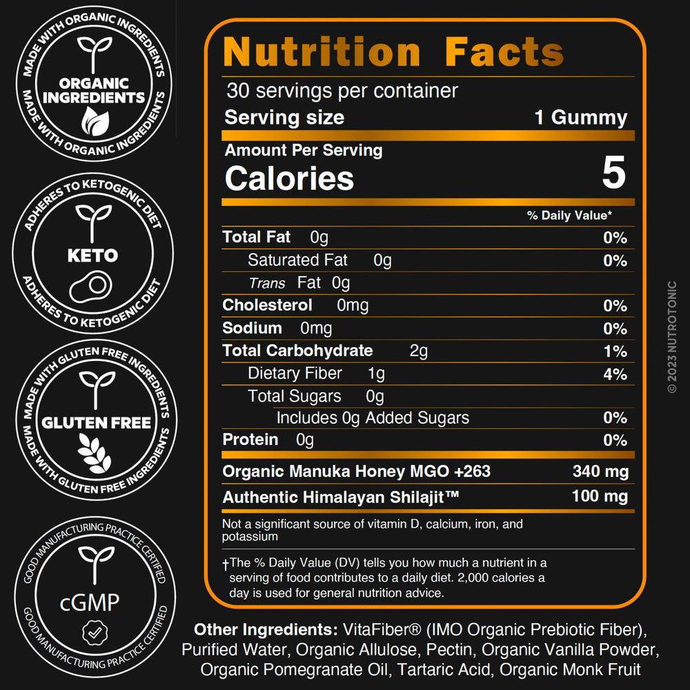 NutroTonic Shilajit Gummies close-up showing vanilla-pomegranate flavor.