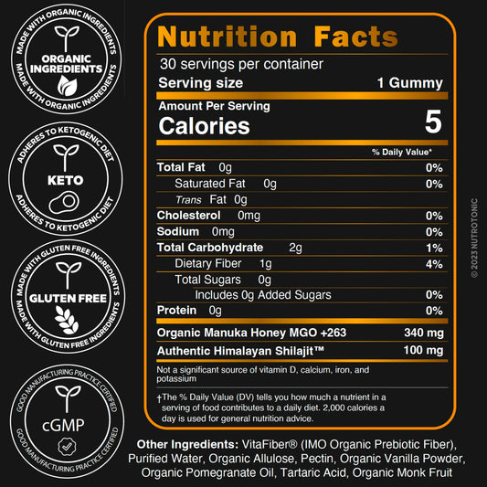 NutroTonic Shilajit Gummies close-up showing vanilla-pomegranate flavor.