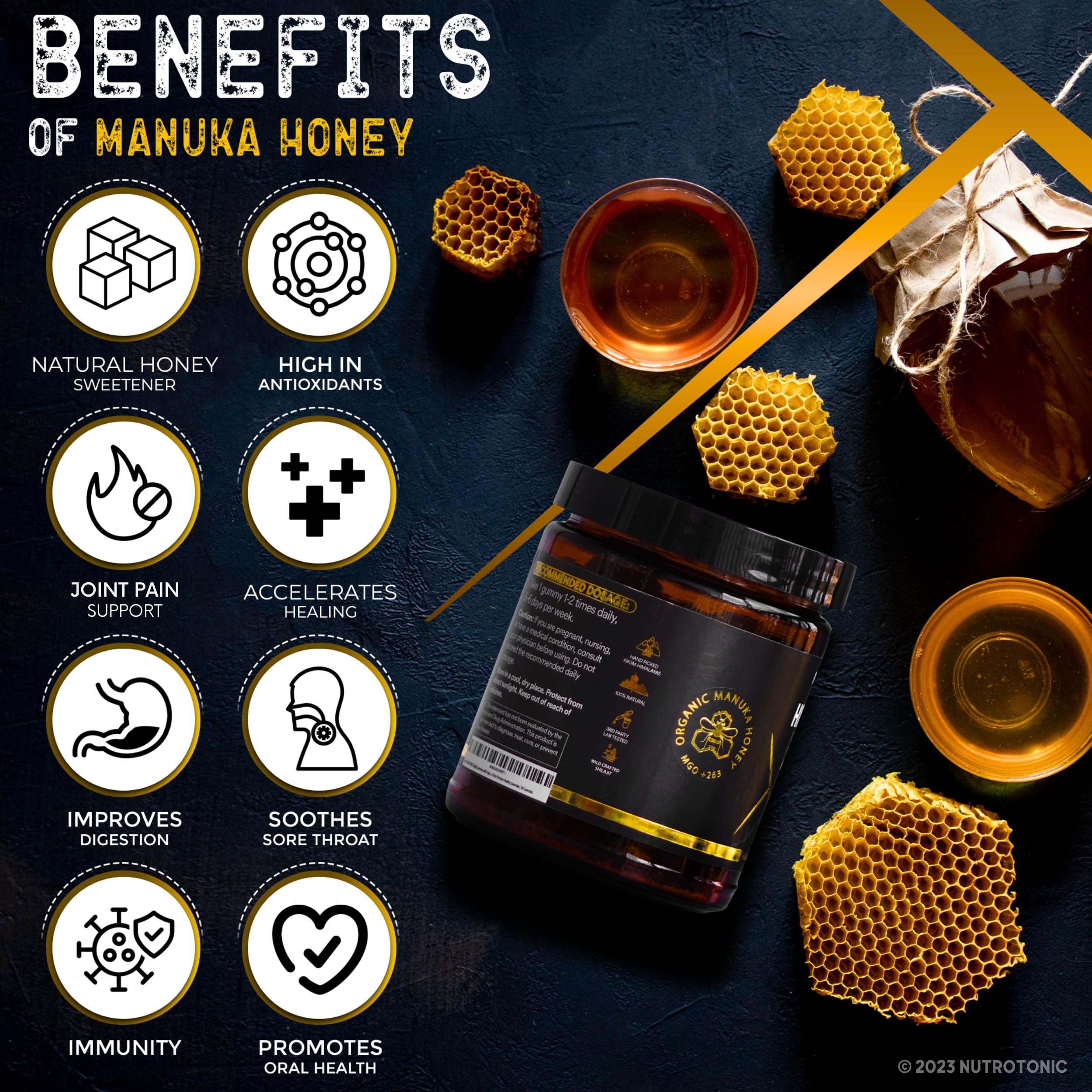 NutroTonic Shilajit Gummies nano-filtration badge suggesting purity.