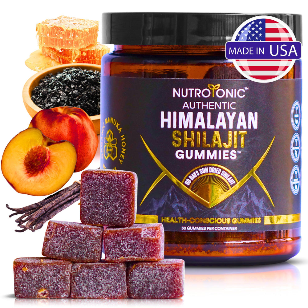 NutroTonic Shilajit gummies in a peach-vanilla jar for daily wellness.