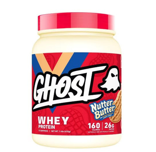 Nutter Butter Ghost Whey Protein with cookie pieces for a flavorful post-workout shake