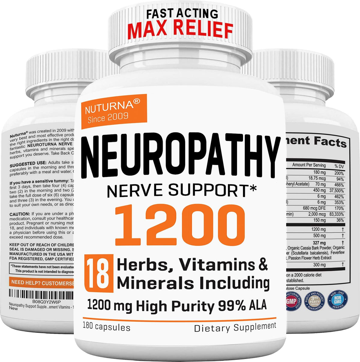 Nuturna Neuropathy bottle front highlights premium nerve support for daily comfort.