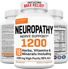 Nuturna Neuropathy bottle front highlights premium nerve support for daily comfort.