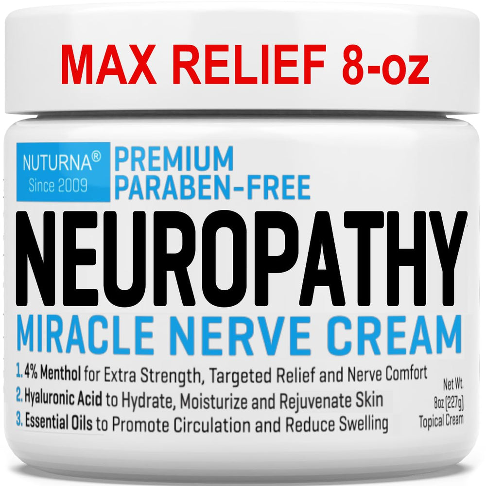 Nuturna Neuropathy Nerve Relief Cream 8oz bottle shows easy, targeted relief for tired nerves.