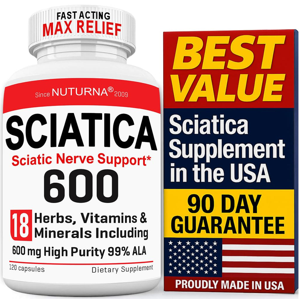 Nuturna sciatica bottle front shows 18-in-1 nerve support concept.