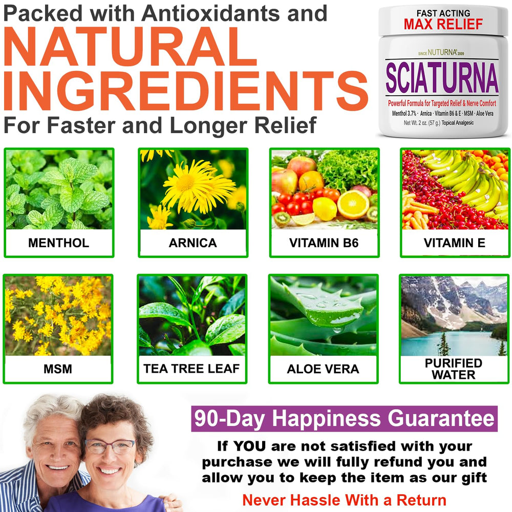 Nuturna Sciatica Nerve Cream ingredients panel highlighting arnica and MSM benefits