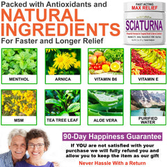 Nuturna Sciatica Nerve Cream ingredients panel highlighting arnica and MSM benefits