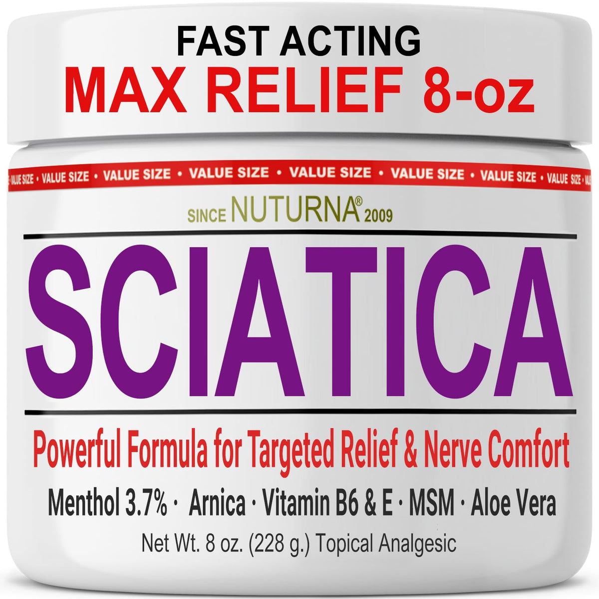 Nuturna Sciatica Nerve Cream bottle front with 8 oz size for easy daily use