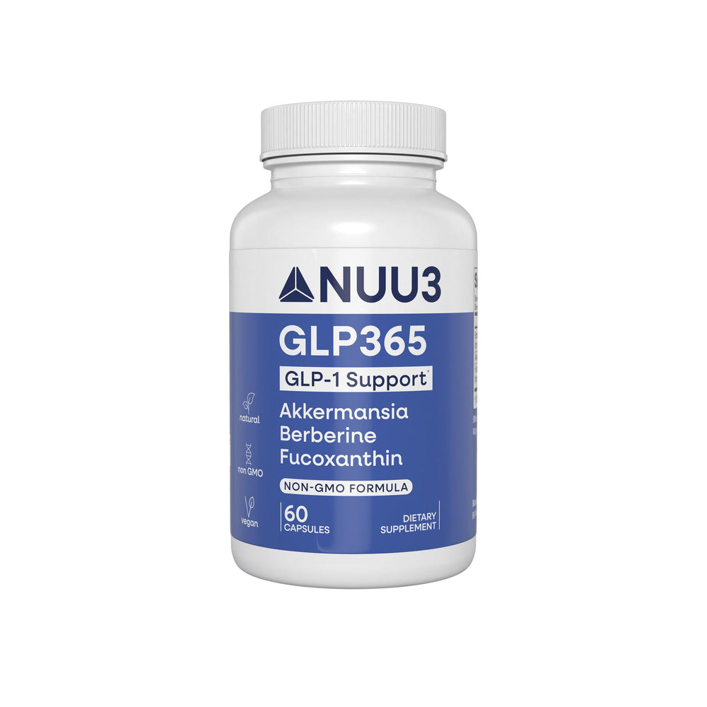 NUU3 GLP365 bottle front displaying natural GLP-1 support and clean label