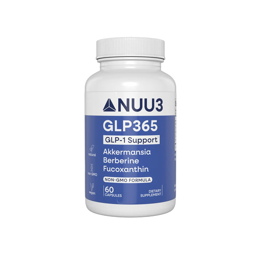 NUU3 GLP365 bottle front displaying natural GLP-1 support and clean label