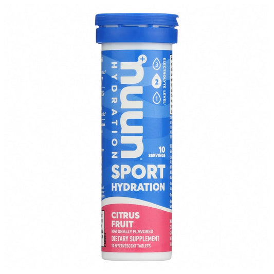 Nuun Active Citrus Fruit tablet dissolving in water for refreshing hydration.