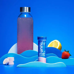 Nuun Active Strawberry Lemonade in a backpack, easy travel hydration.