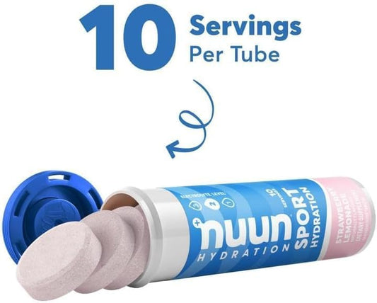Nuun Active Strawberry Lemonade in a 16 oz glass, bright fruity hydration.