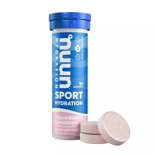 Nuun Active Strawberry Lemonade tablet dissolving in water for refreshing hydration.