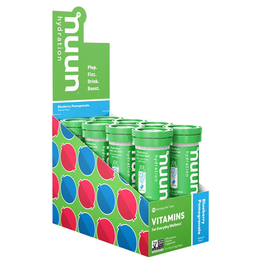 Nuun Blueberry Pomegranate tablet dissolving in water for quick, refreshing hydration during workouts.